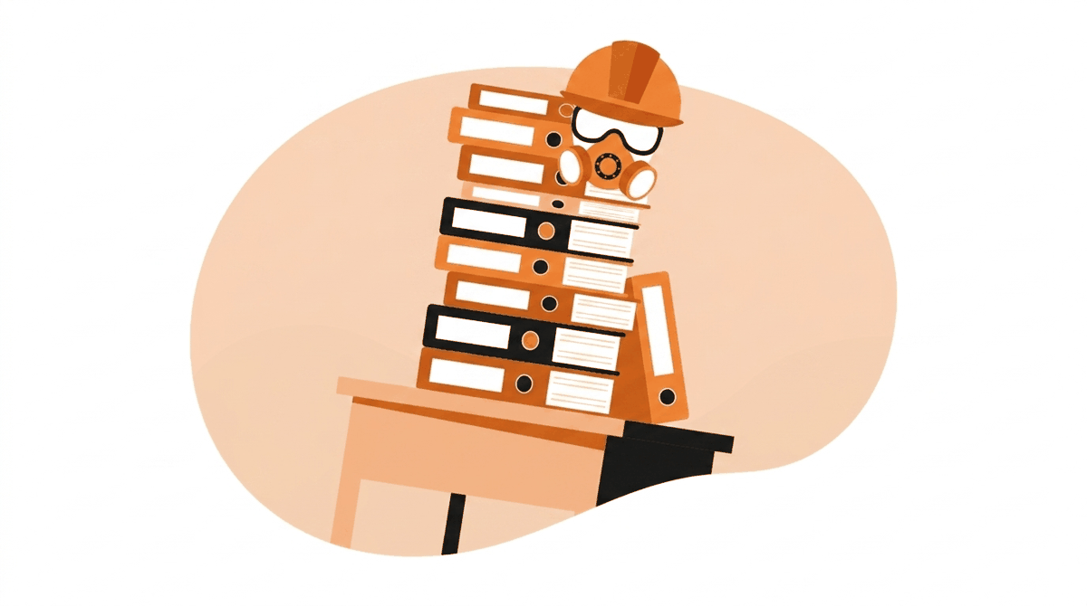 OSHA standards by decade: stack of rulebook binders topped with a hard hat and respirator