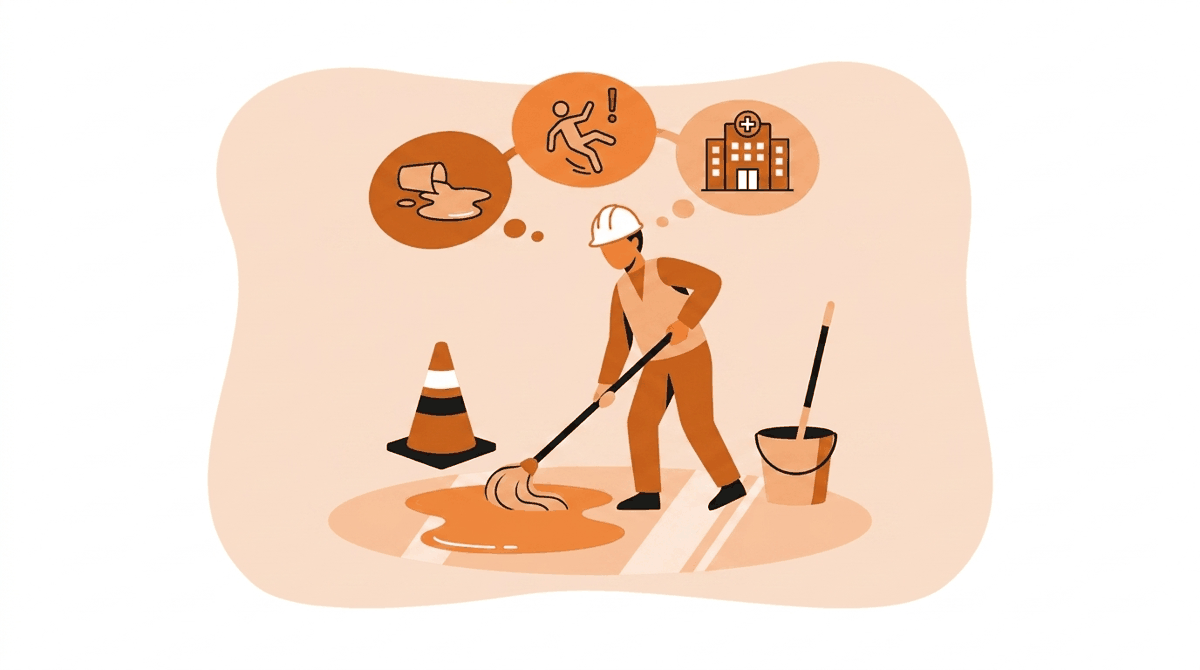 Worker mopping a spill beside a caution cone, illustrating a rhyming safety slogan about slips