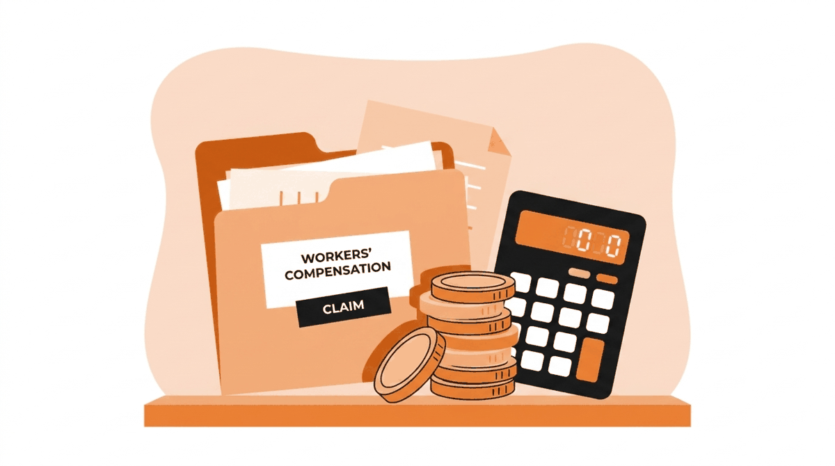 EMR and workers' comp costs: claim folder beside a growing stack of coins and a calculator