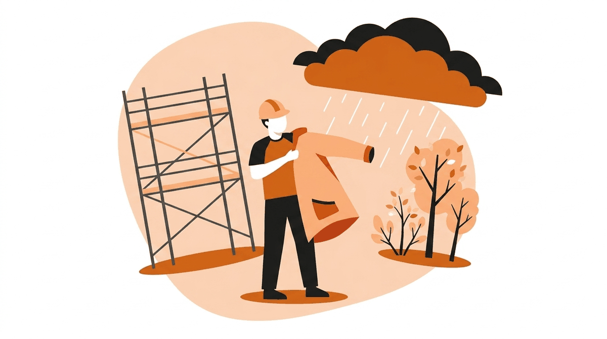 Spring weather fluctuations: worker donning rain gear as sudden storm clouds gather