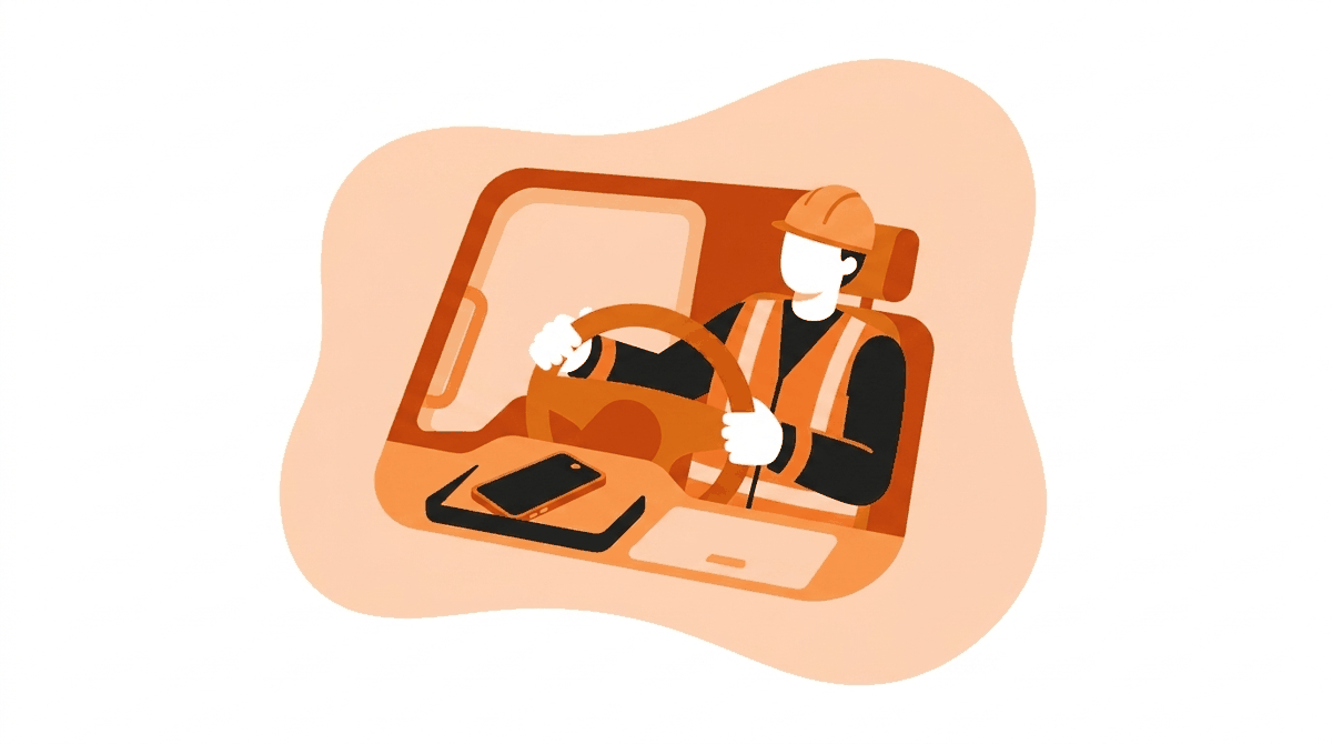 Distracted driving awareness: driver with hands on the wheel and cell phone stowed face-down