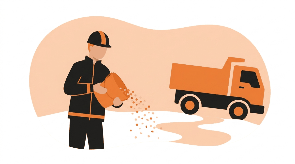 Gritting icy roads: worker spreading grit on a frozen walkway to prevent slips