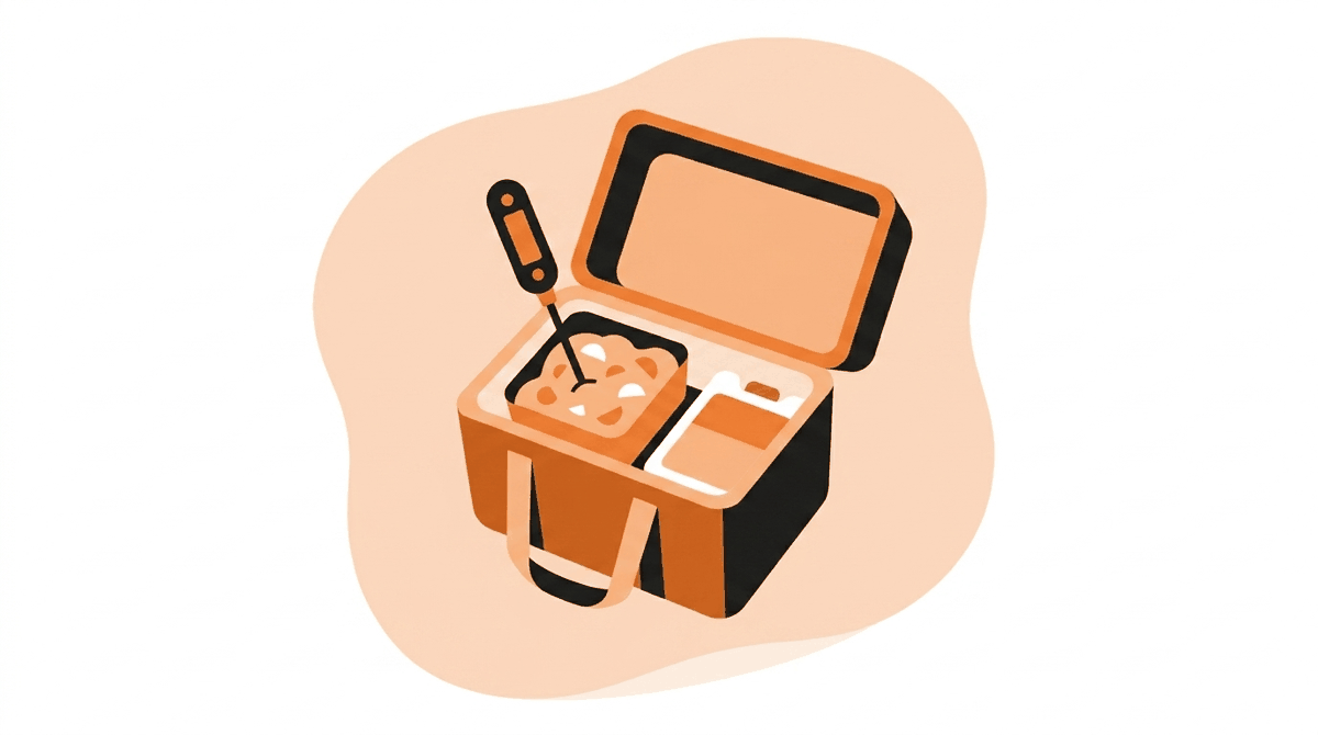 Food safety at work: checking lunch container temperature with a food thermometer