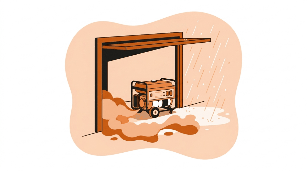 Carbon monoxide hazards: generator running just inside a garage doorway with exhaust pooling indoors