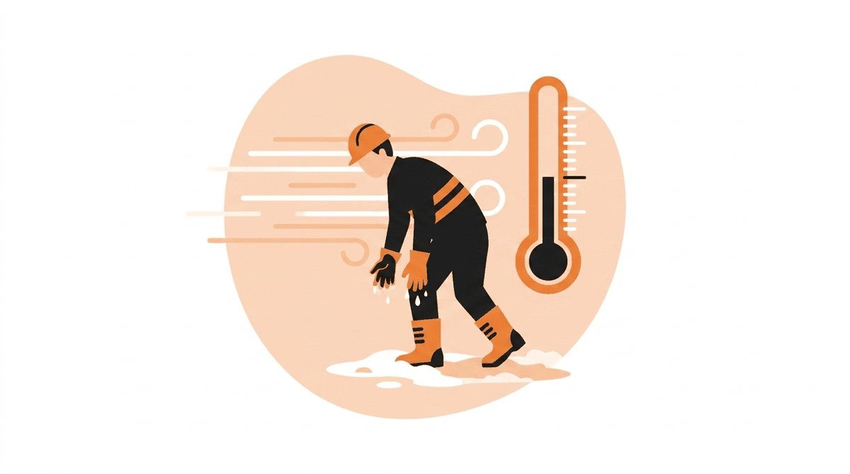 Cold stress hazards: worker on a windy deck losing heat to wind chill even above freezing
