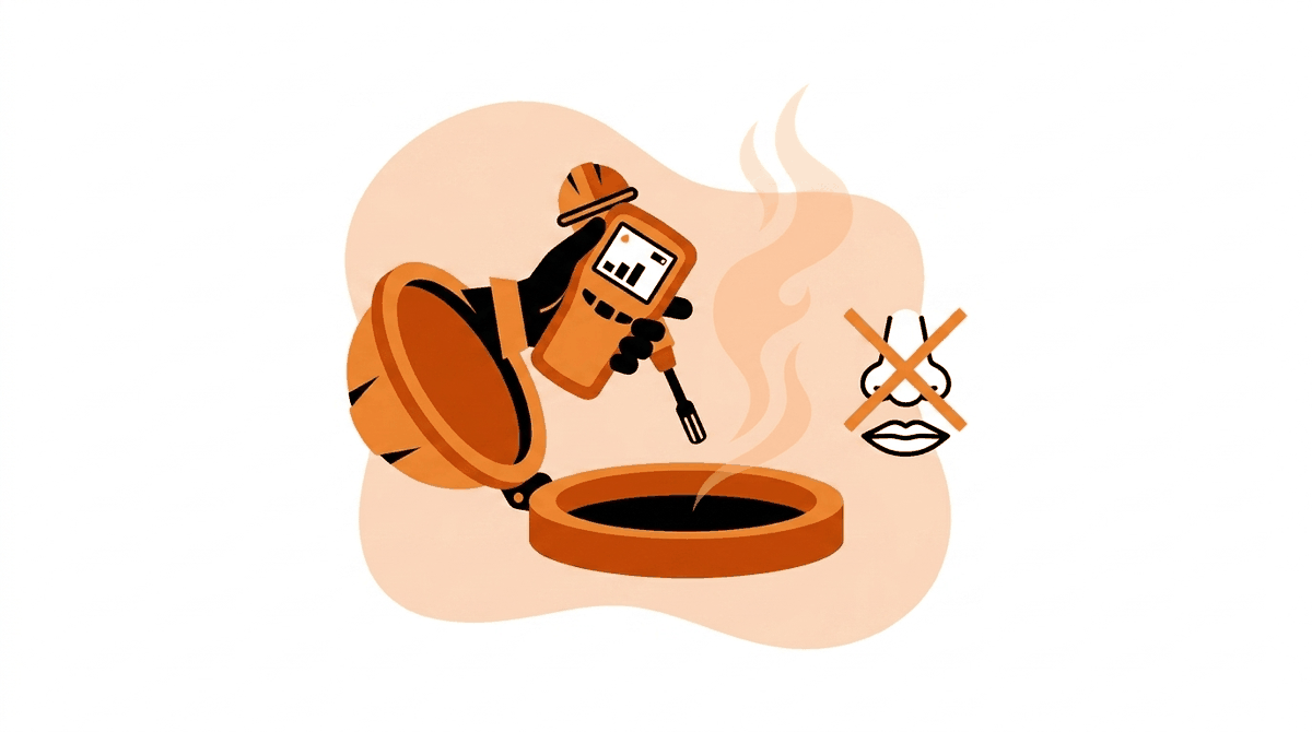 Confined space hazards: gas meter testing the invisible, odorless atmosphere above an open tank hatch