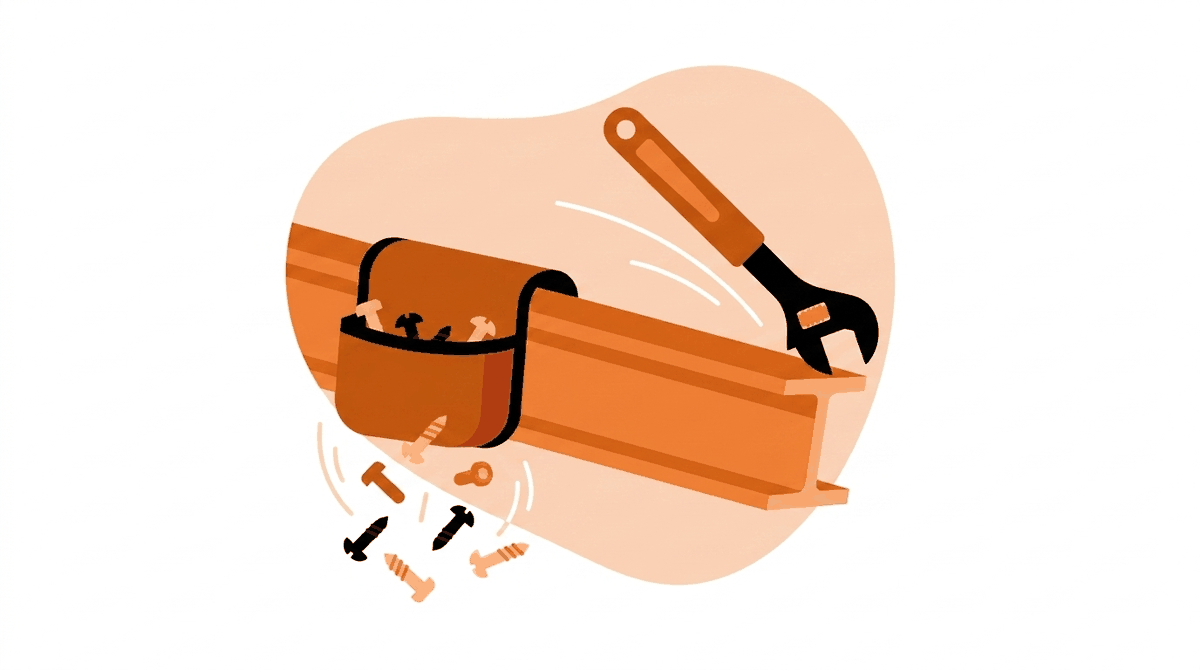 Dropped objects hazards: unattended wrench sliding off a beam flange while loose fasteners spill from an open pouch