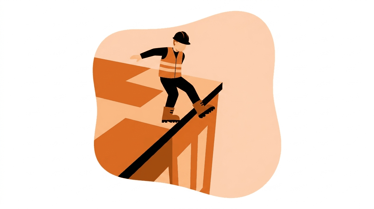 Why fall protection matters: worker keeping clear of an unprotected roof edge above a long drop