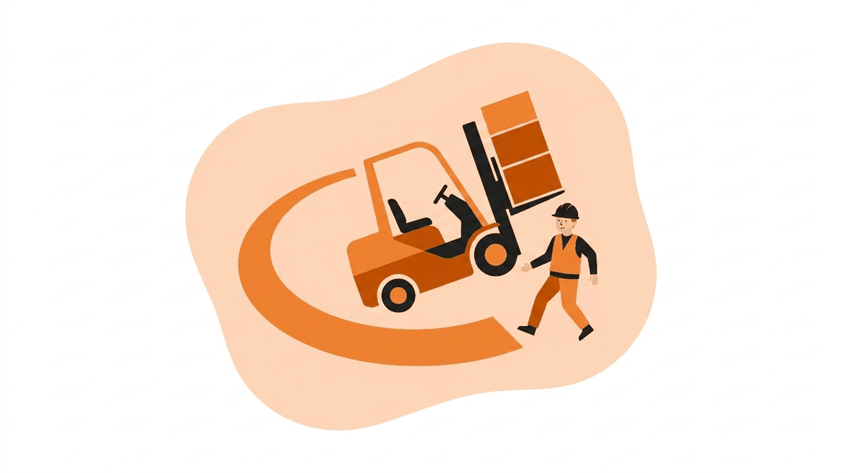 Forklift hazards: rear-end swing arc of a turning forklift with a raised load nearly clipping a pedestrian