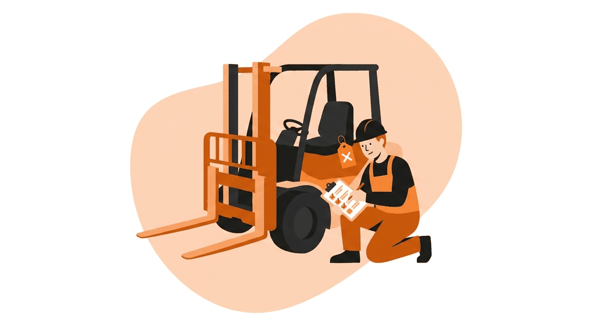 OSHA forklift regulations: certified operator doing the mandatory pre-shift inspection with a checklist