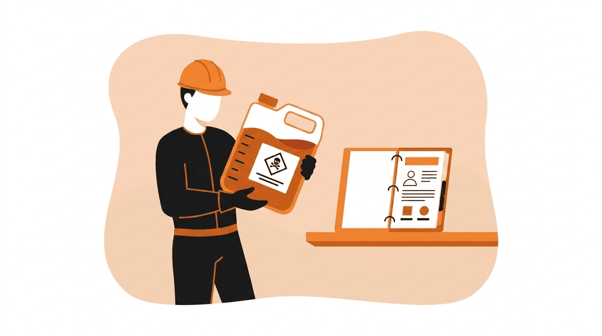 Hazard communication importance: worker reading a chemical label with the safety data sheet binder open