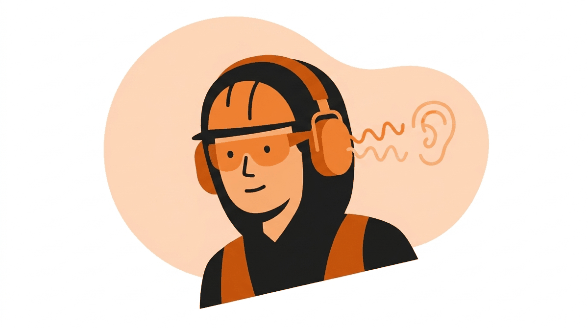 Hearing protection hazards: earmuff seal broken by a hood and glasses, letting noise leak through to the ear
