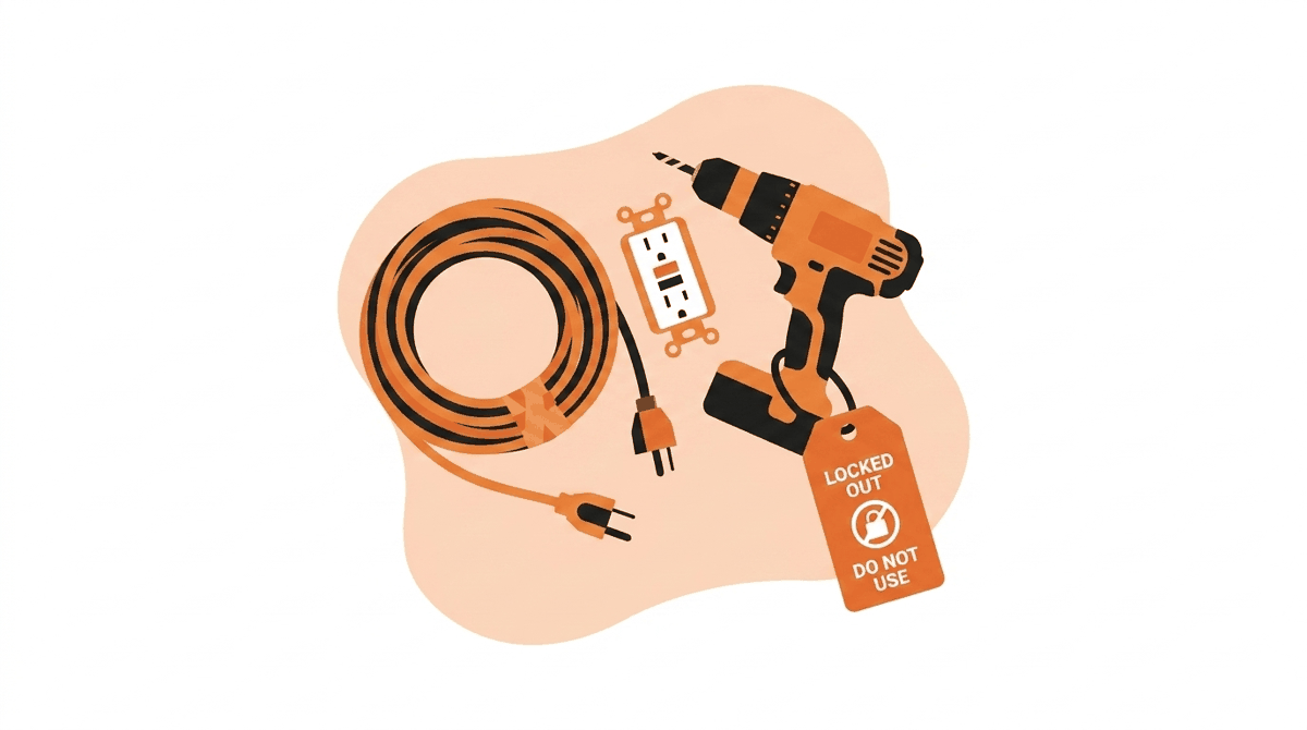 OSHA power tool regulations: taped-up cord with missing ground pin tagged out next to a GFCI outlet