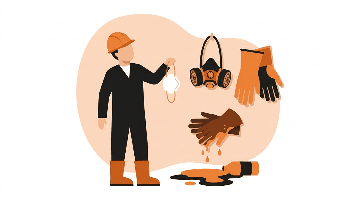PPE hazards: dust mask and solvent-soaked leather glove versus the fitted respirator and chemical gloves the task really needs