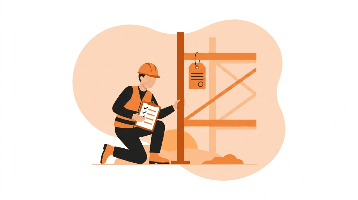 OSHA scaffold regulations: competent person inspecting base plates with a checklist before the shift begins
