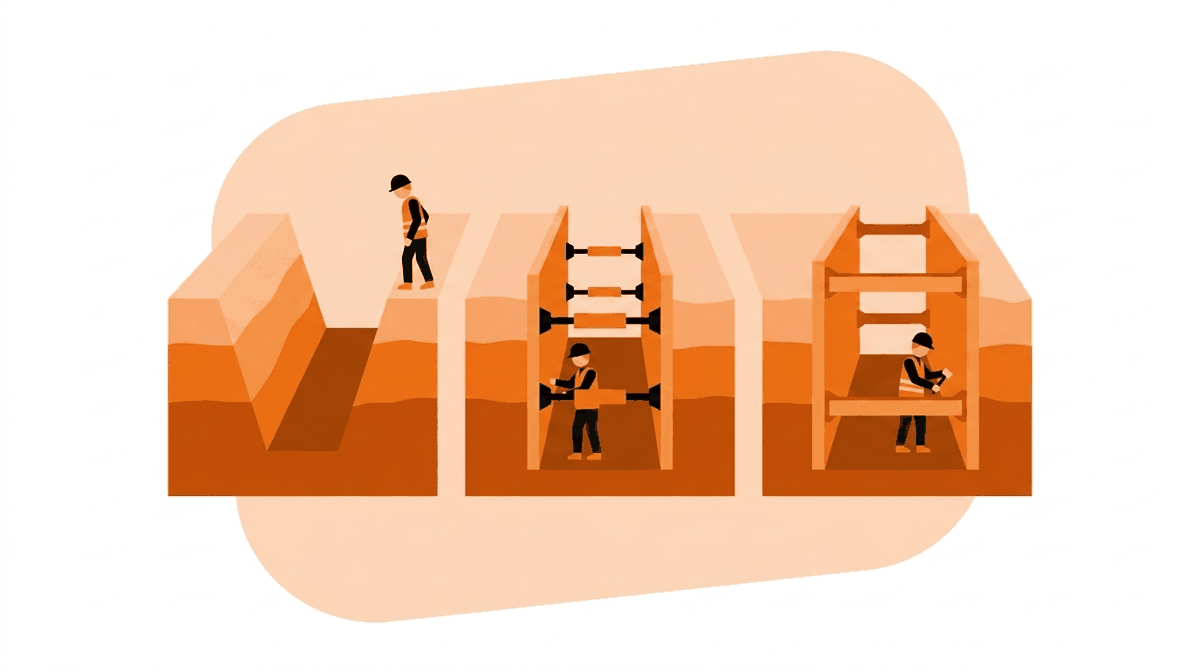 OSHA trenching regulations: sloping, shoring and a trench box — the three protective systems side by side